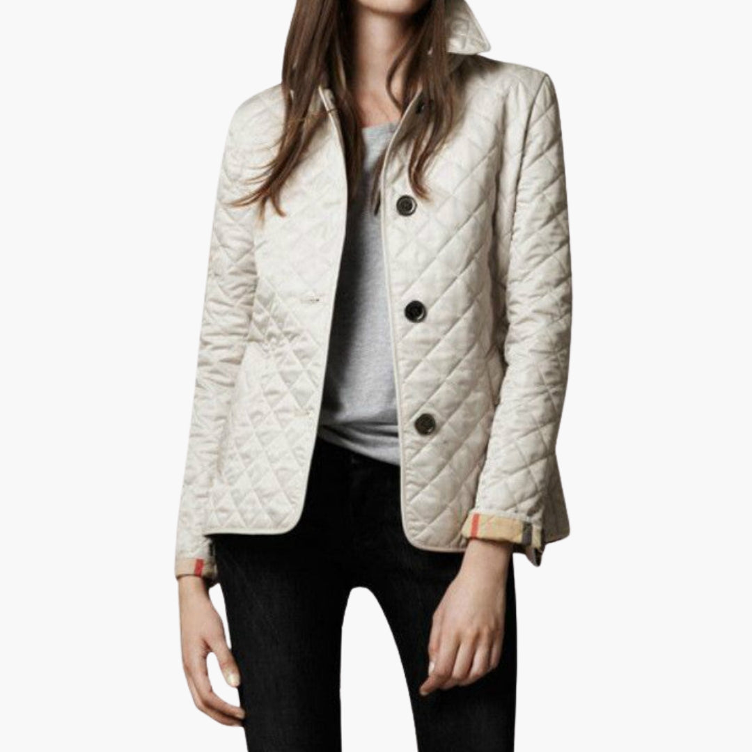 Women's quilted jacket diamond pattern button closure foldable cuffs contrast lining structured collar