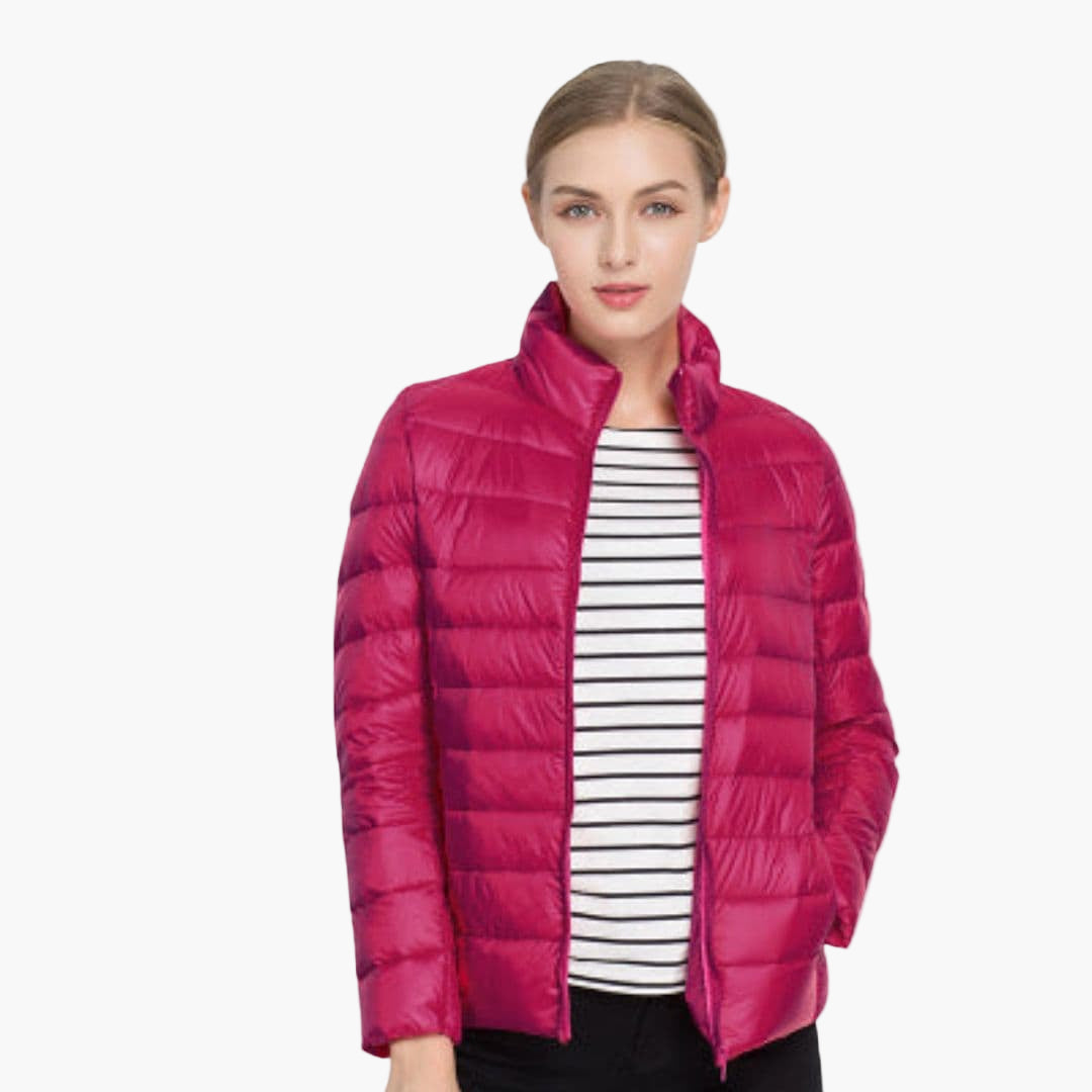 Women's black quilted jacket stand-up collar front zip closure sleek everyday layering style