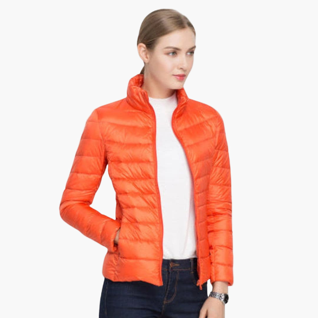 Women's quilted jacket stand-up collar front zip closure streamlined everyday warmth layering