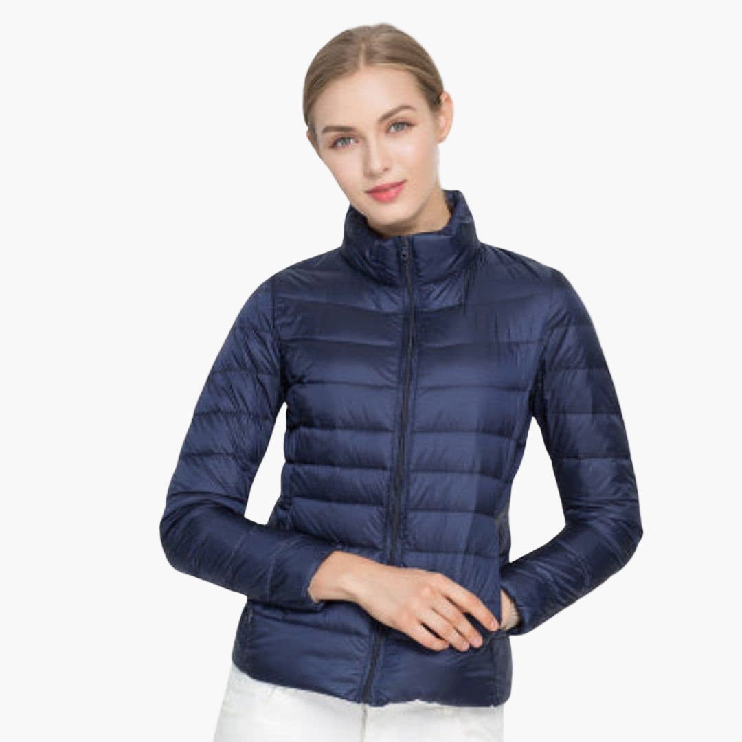 Women's quilted jacket stand-up collar front zip closure lightweight everyday warmth streamlined fit