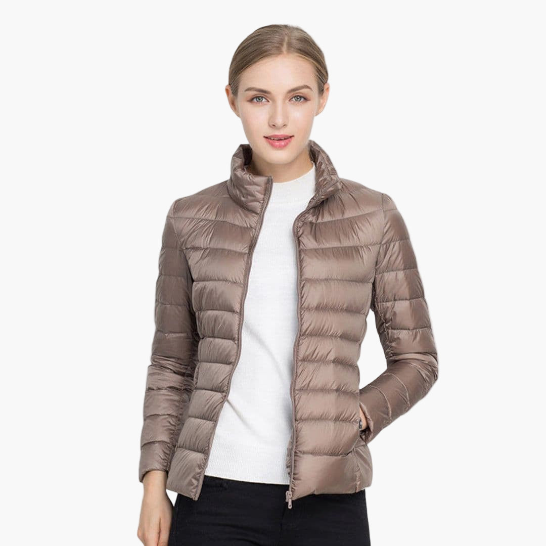 Women's quilted jacket stand-up collar front zip closure streamlined everyday warmth layering