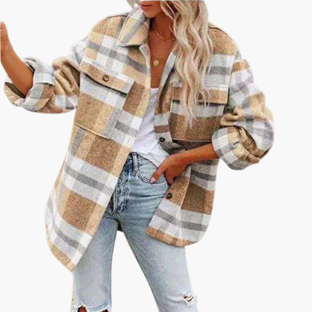 Women's oversized plaid jacket, loose fit, long sleeves, button closure, front flap pockets