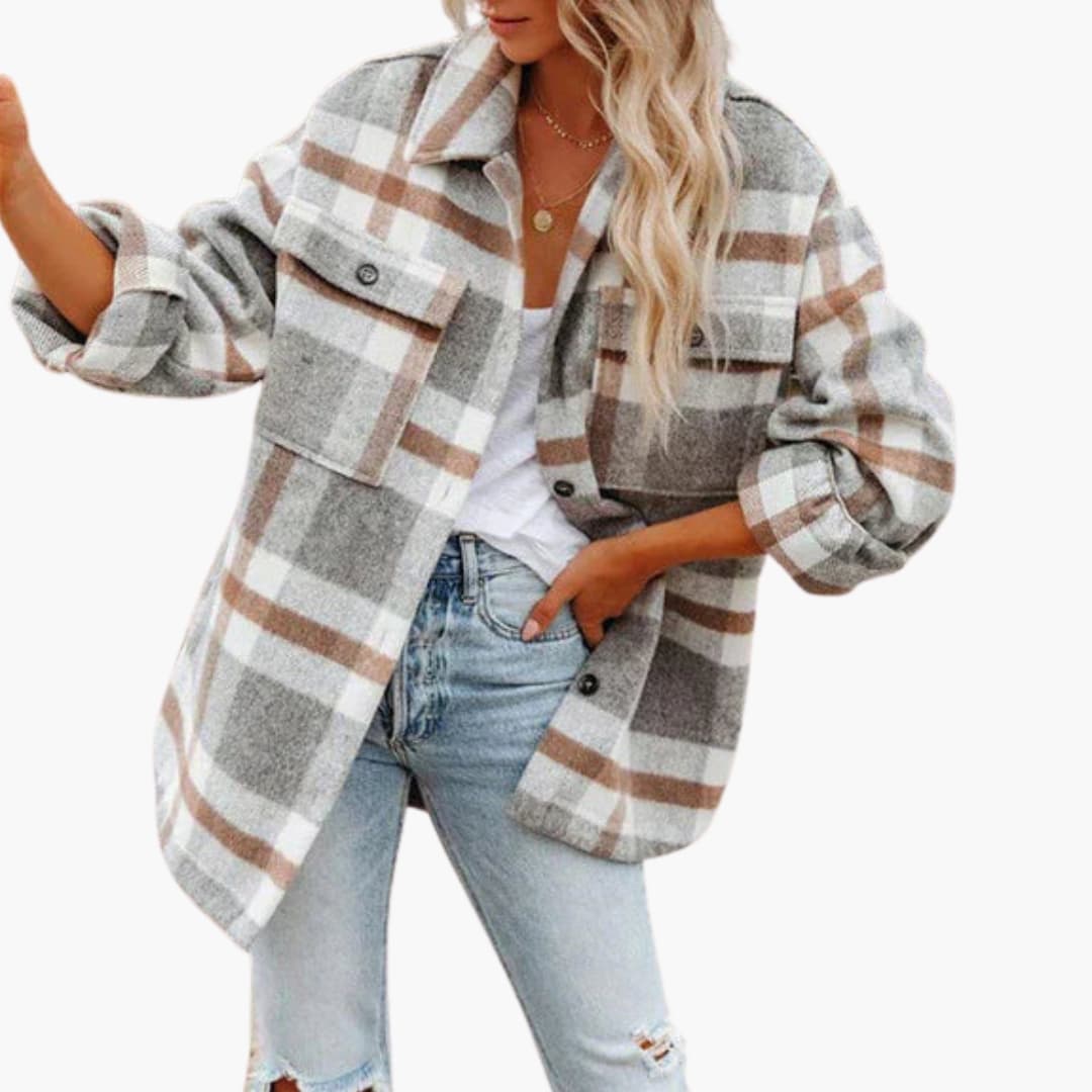 Women's oversized plaid jacket loose fit long sleeve button closure front flap pockets chic casual