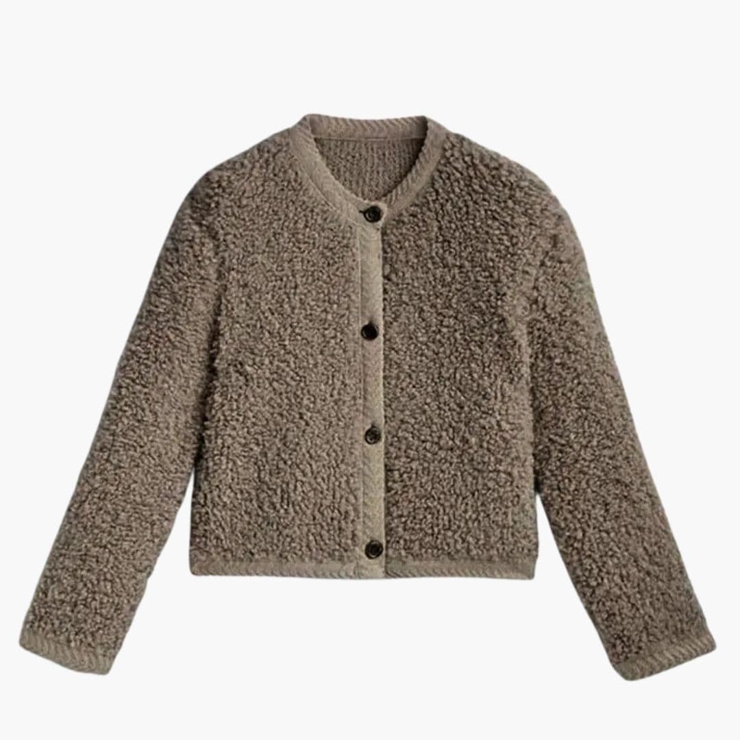 Women's plush teddy jacket round collar front button closure ribbed cuffs cozy casual style