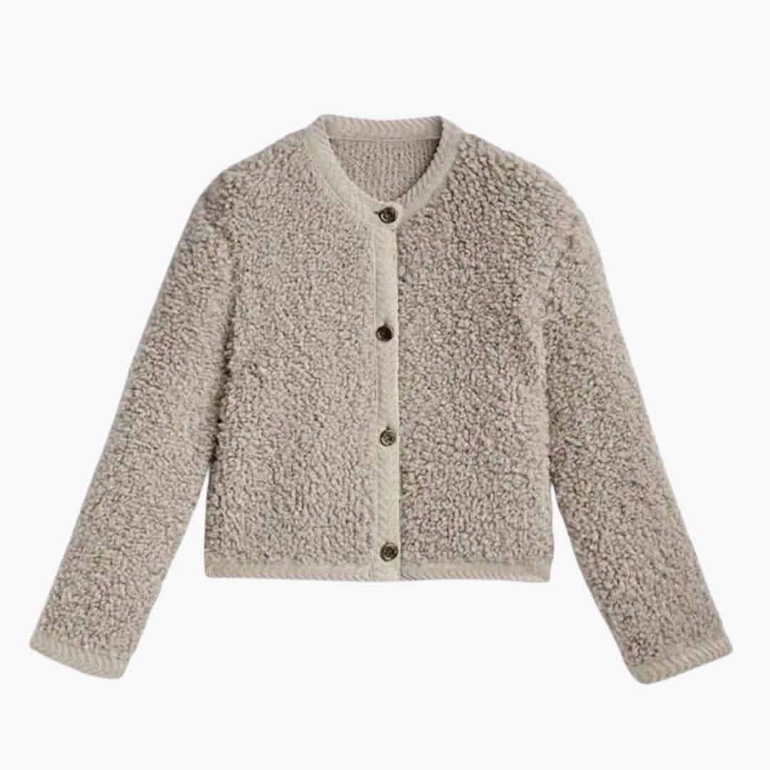 Women's teddy plush jacket round collar front button closure ribbed cuffs cozy casual style