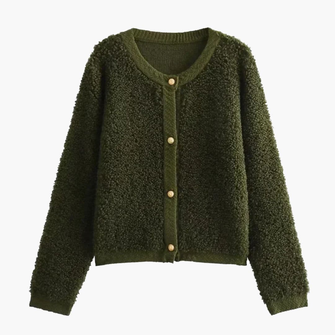 Women's plush teddy jacket with front button closure, round collar, long sleeves, and ribbed cuffs