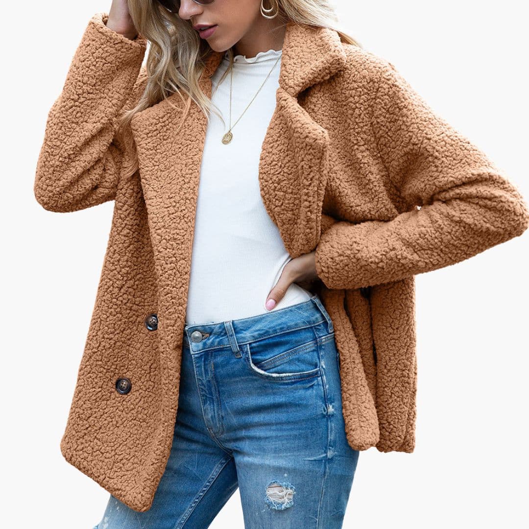 Women's cream teddy jacket wide lapel collar button front plush textured cozy outerwear