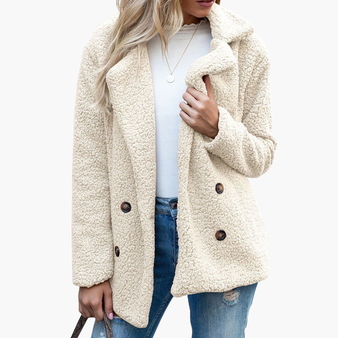 Women's cozy teddy jacket beige plush texture wide lapel collar button front full lining