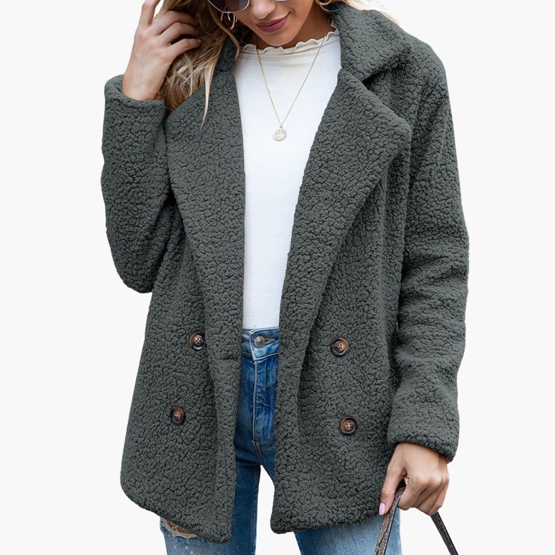 Women's cozy teddy jacket beige plush texture wide lapel collar button front full lining