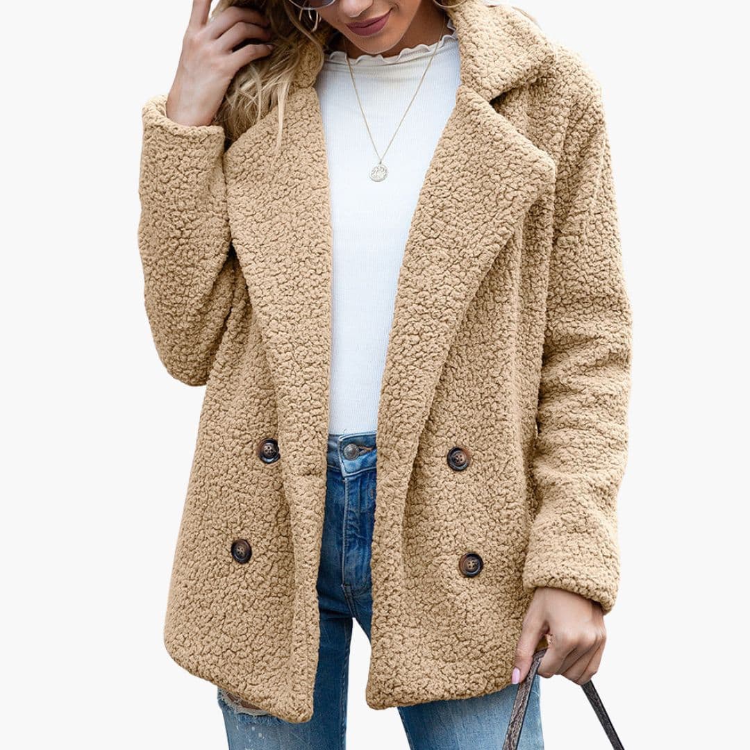 Women's cream teddy jacket wide lapel collar button front cozy plush texture full lining