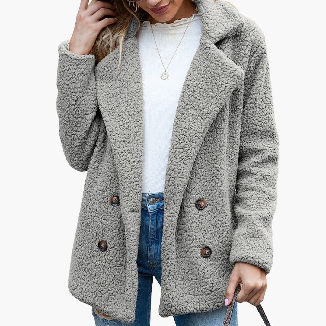 Women's beige teddy jacket cozy lapel collar button front plush texture full lining outerwear