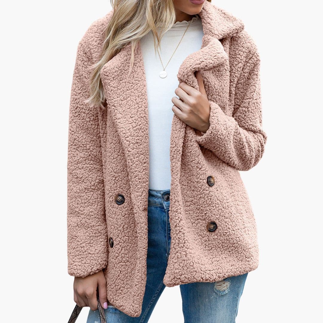 Women's beige teddy jacket wide lapel collar button front plush texture cozy oversized fit