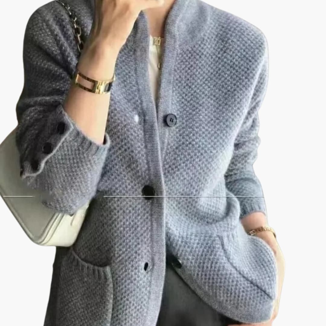 Textured knit women's jacket button closure structured silhouette modern professional gray tonal
