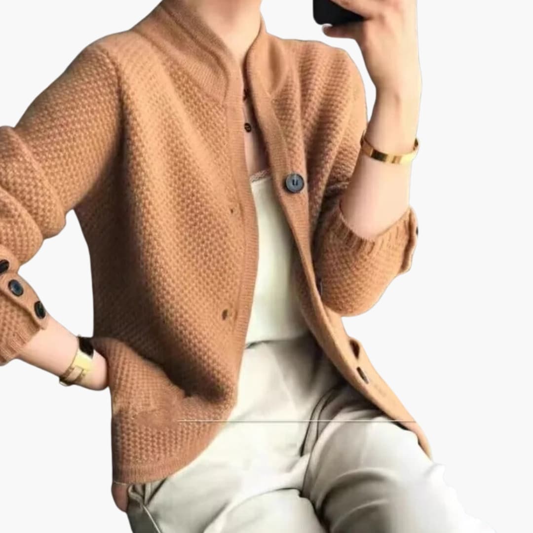 Textured knit women's jacket button closure structured silhouette modern professional beige cream tone