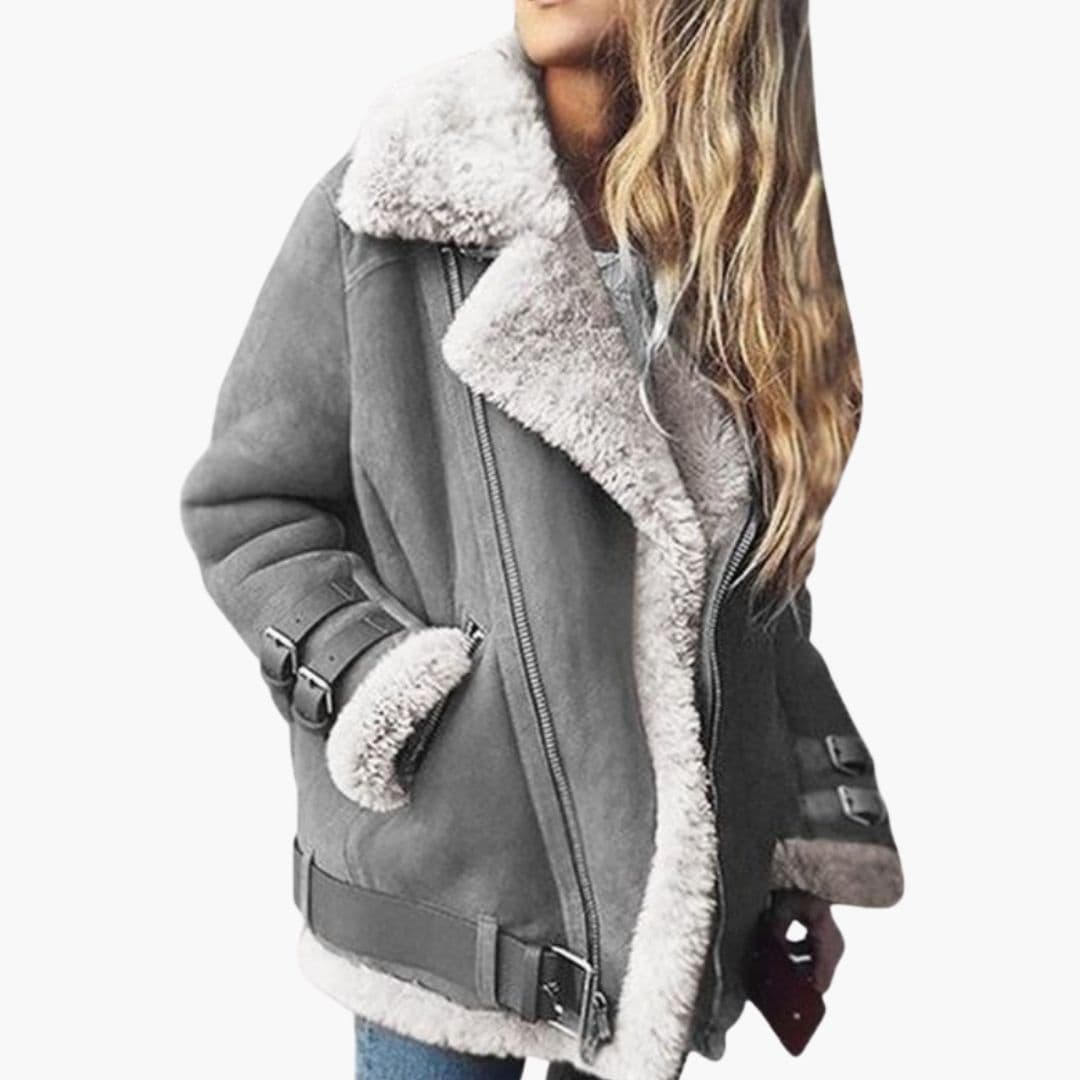 Women's zip-up jacket notched collar adjustable buckles two zip pockets structured winter coat