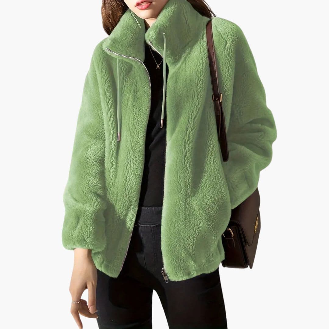 Women's teddy zip-up jacket beige stand-up collar drawstring fleece lining cozy casual style