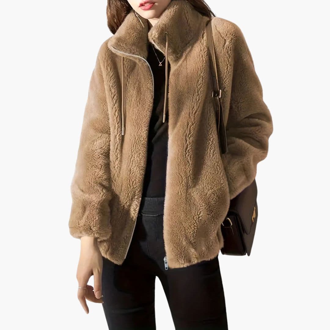 Women's teddy fleece zip-up jacket beige stand-up collar drawstring cozy plush casual coat