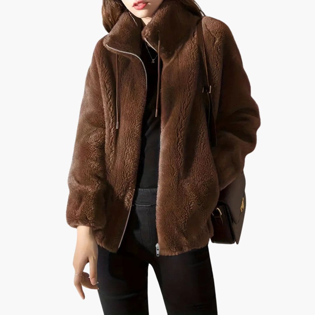Women's teddy zip-up jacket beige stand-up collar drawstring cozy fleece lining casual everyday style