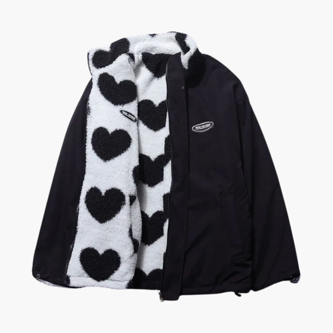 Women's zip-up winter jacket with plush heart pattern lining, stand-up collar, cozy warm outerwear