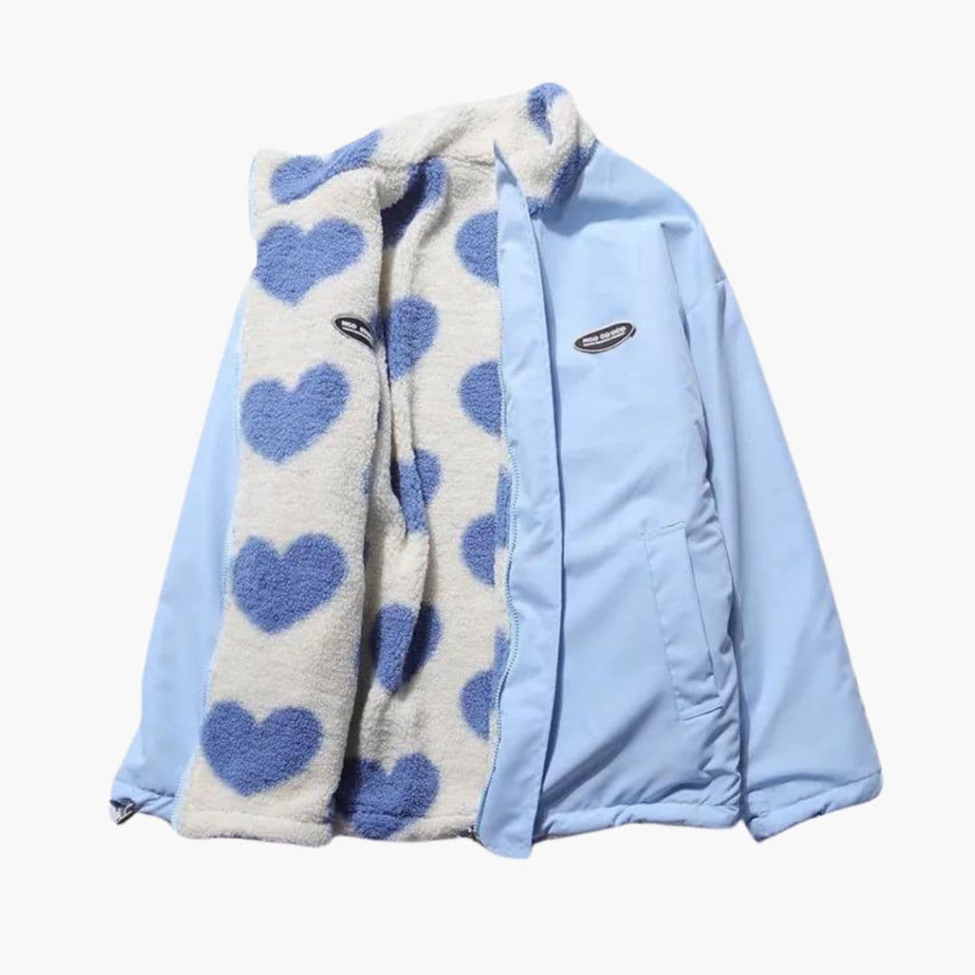 Women's zip-up winter jacket with plush heart pattern lining, stand-up collar, cozy warm outerwear