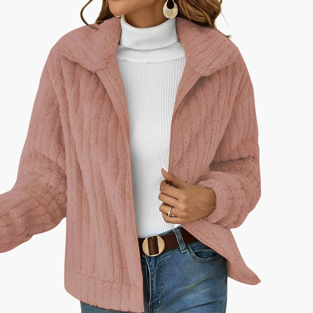 Women's plush zip-up jacket with wide collar, soft cozy fit for casual everyday warmth