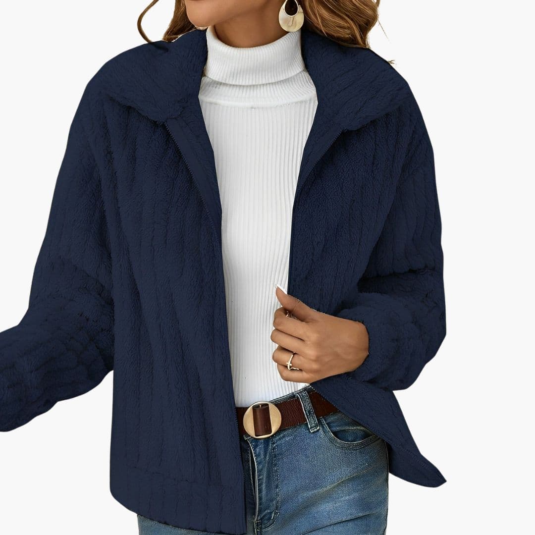Women's plush zip-up jacket with wide collar, cozy casual fit for cool-season layering