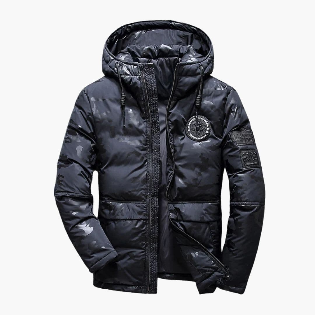 Men's insulated hooded jacket with quilted lining, full-zip closure and adjustable drawstring hood