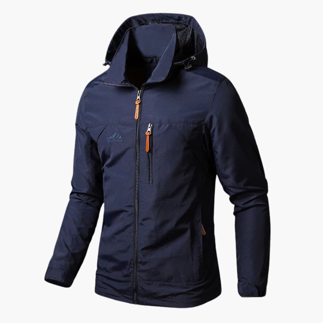 Men's full-zip hooded jacket with integrated adjustable hood and chest pocket for active wear