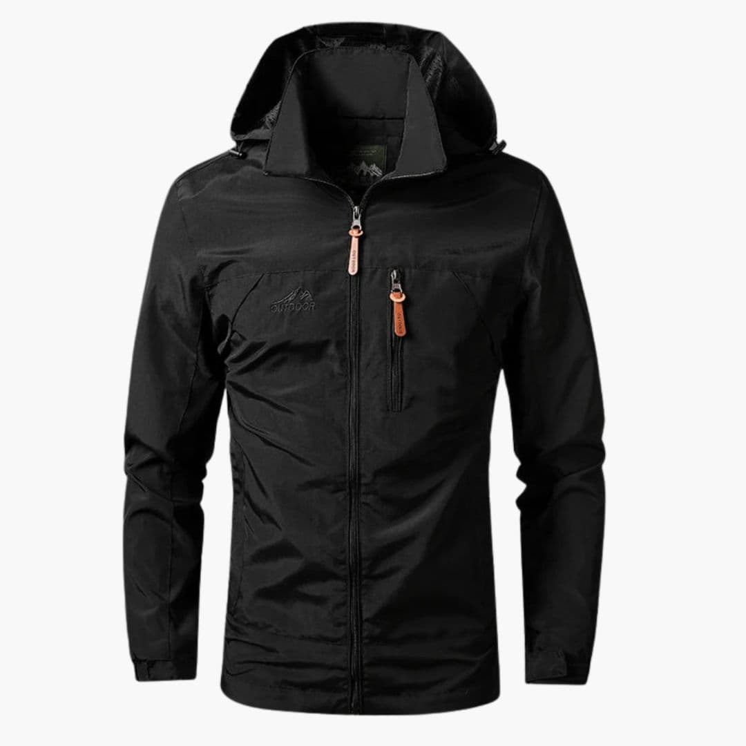 Men's full-zip hooded jacket with integrated adjustable hood and chest pocket for active wear