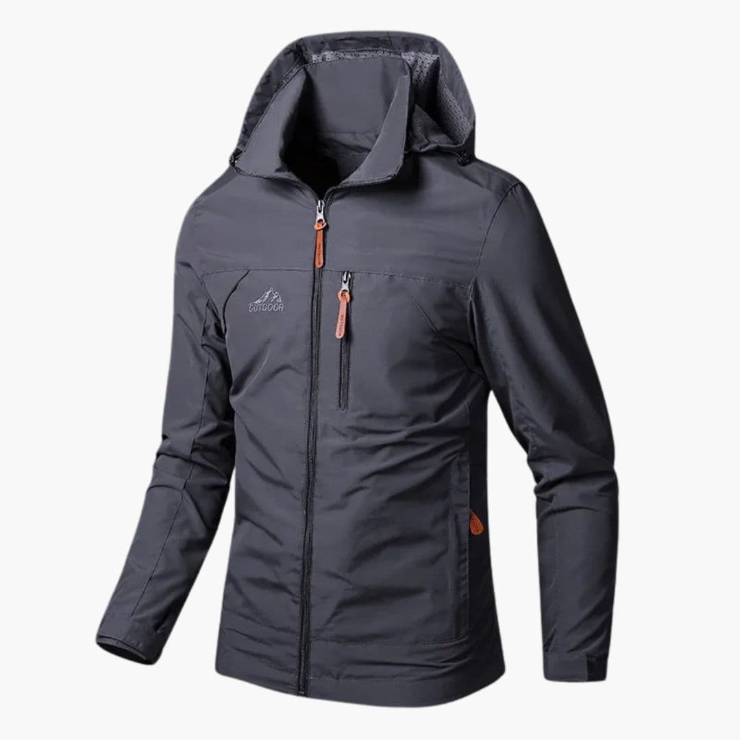 Men's navy hooded full-zip jacket with integrated adjustable hood and chest pocket for active wear