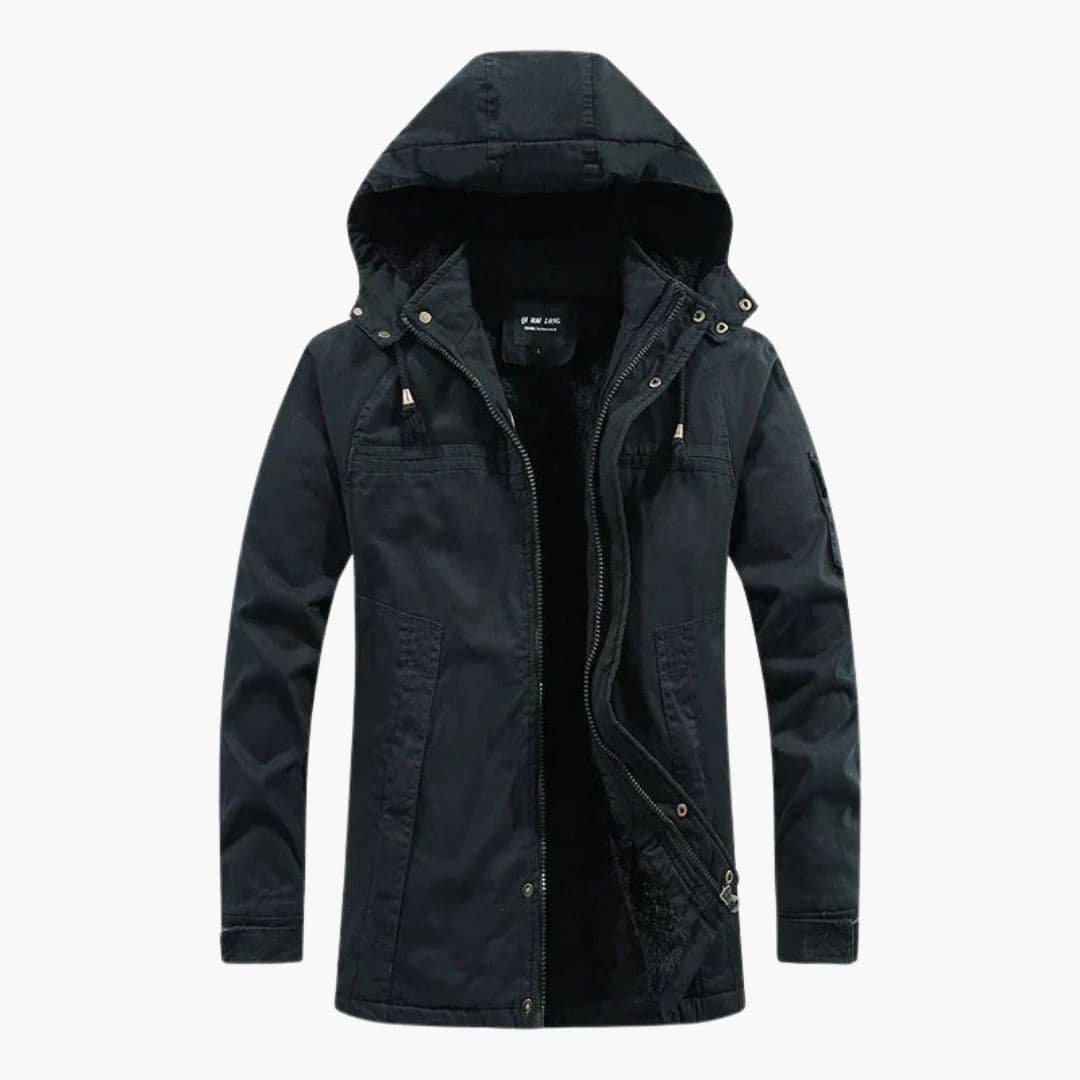 Men's hooded fleece-lined zip jacket with detachable drawstring hood and front pockets for cold weather