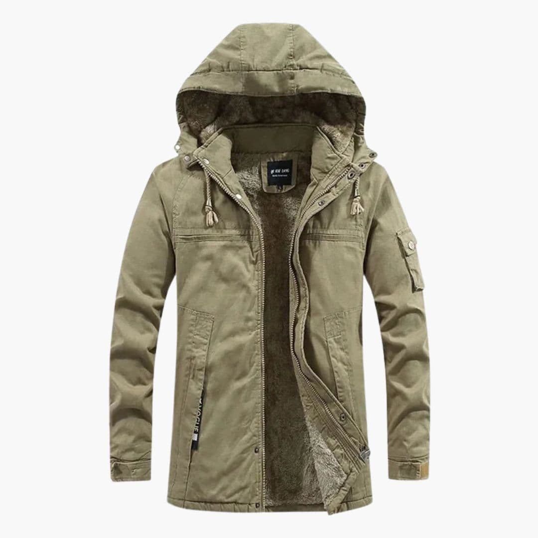 Men's hooded fleece-lined zip jacket in cold-weather style with detachable drawstring hood and pockets