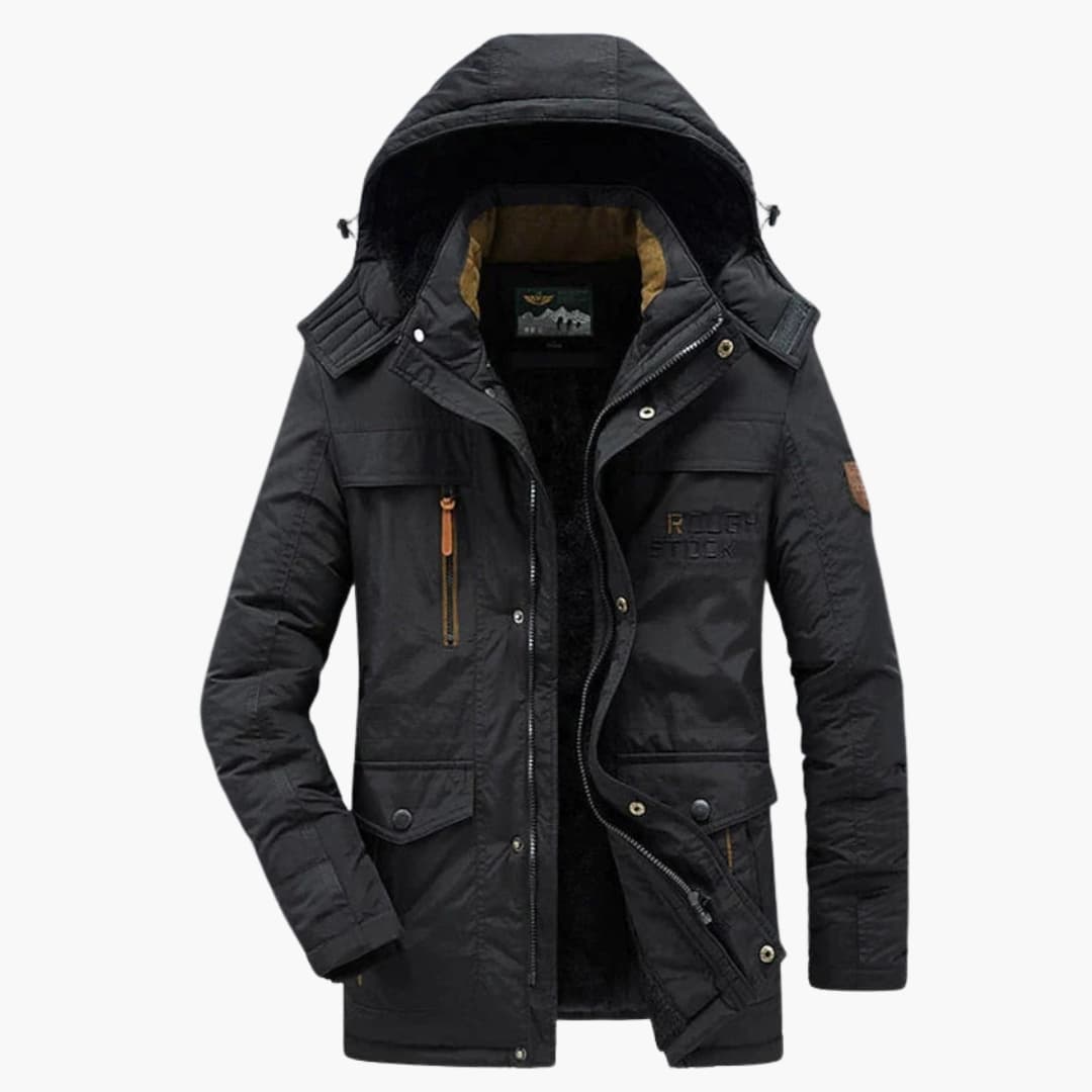Men's hooded jacket zip closure multiple pockets fixed hood outdoor everyday casual style