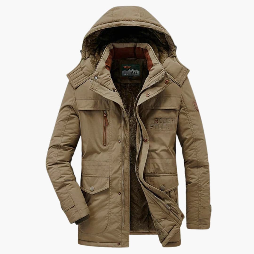Men's hooded jacket with zip closure, multiple pockets, and buttoned flap for outdoor use
