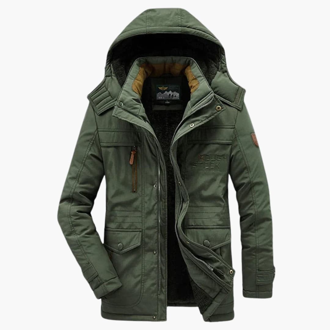 Men's hooded jacket with zip closure, multiple pockets, and structured fit for outdoor everyday use