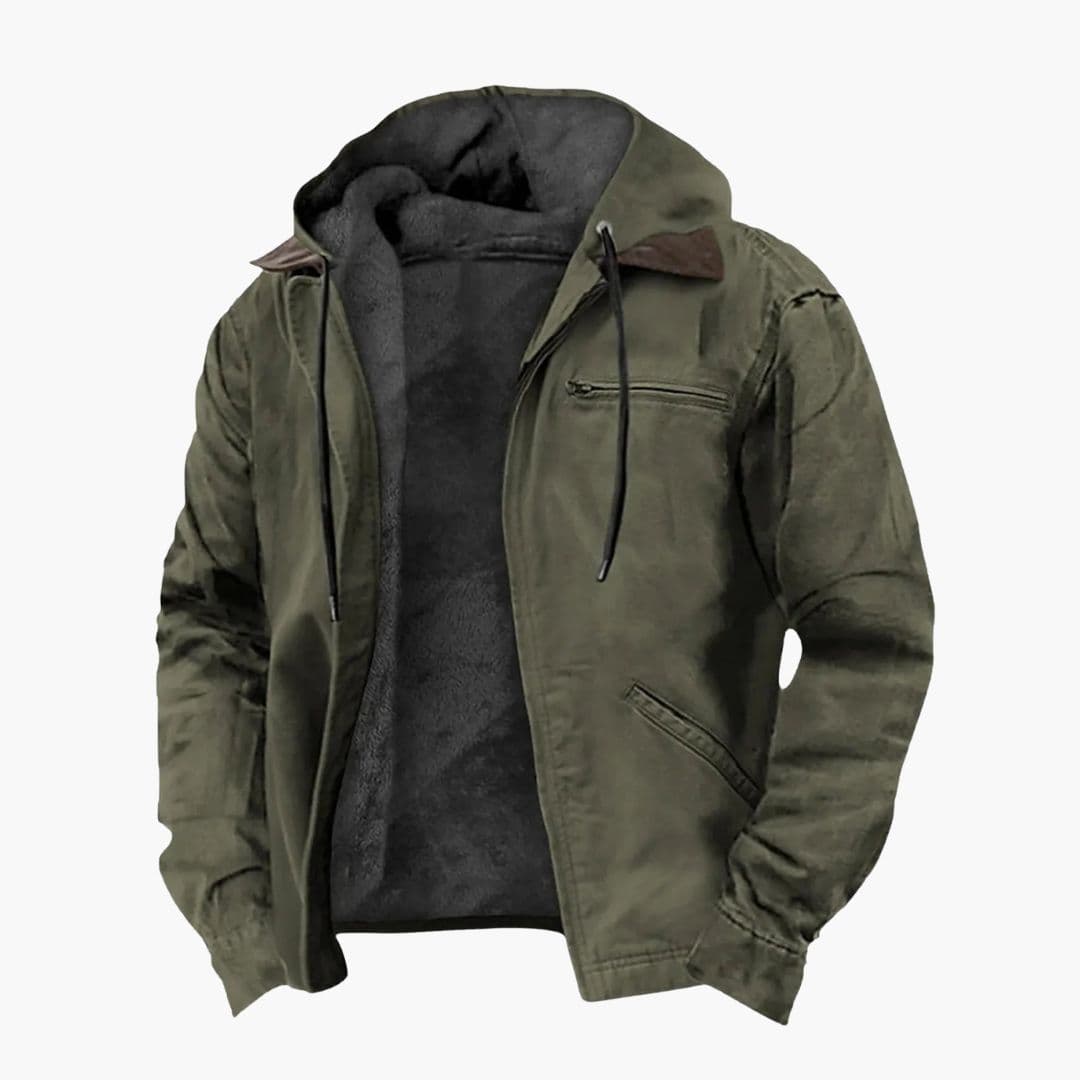 Men's hooded outdoor jacket with zip closure, multiple pockets, and adjustable drawstring hood