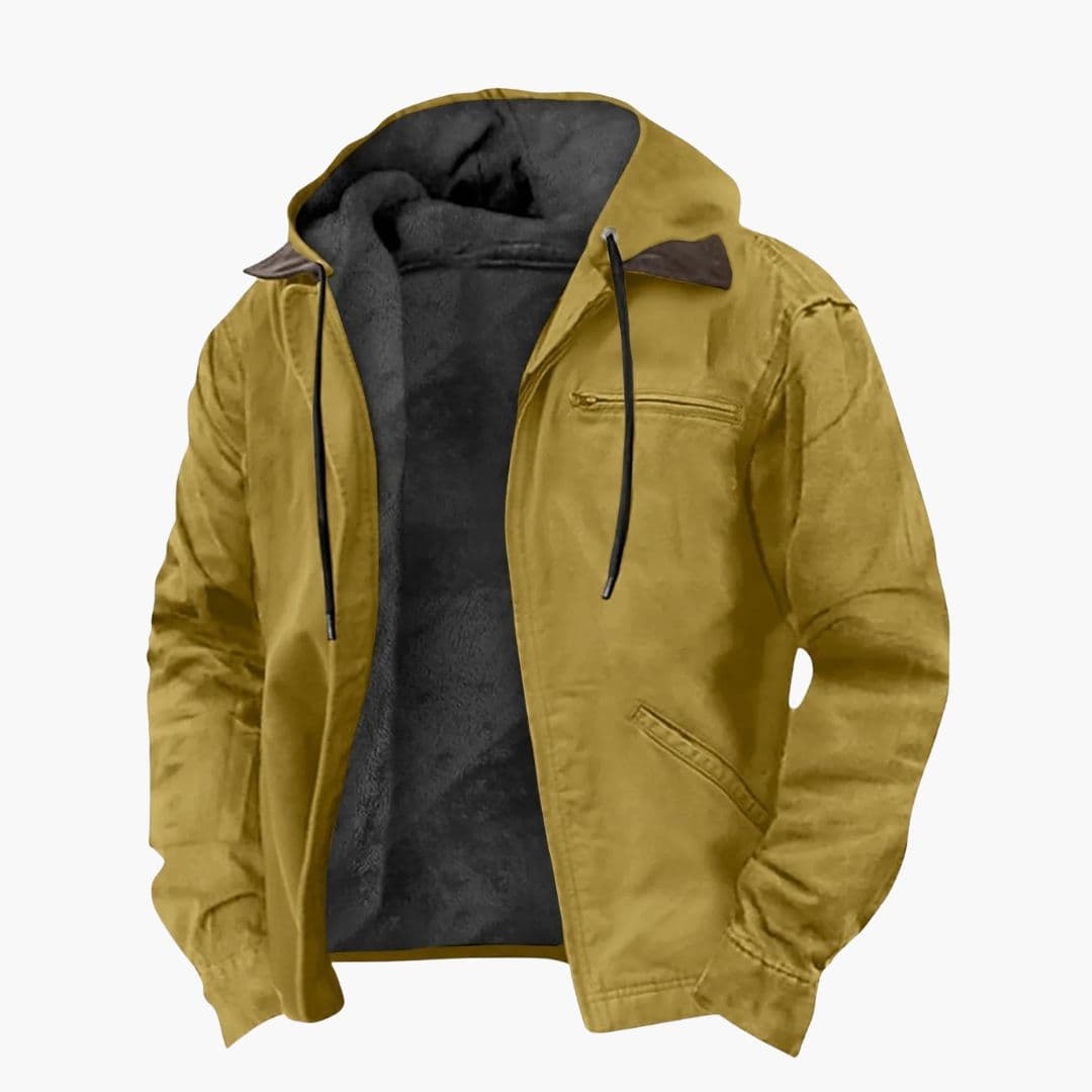 Men's hooded outdoor jacket multiple pockets zip closure adjustable drawstring hood streamlined fit