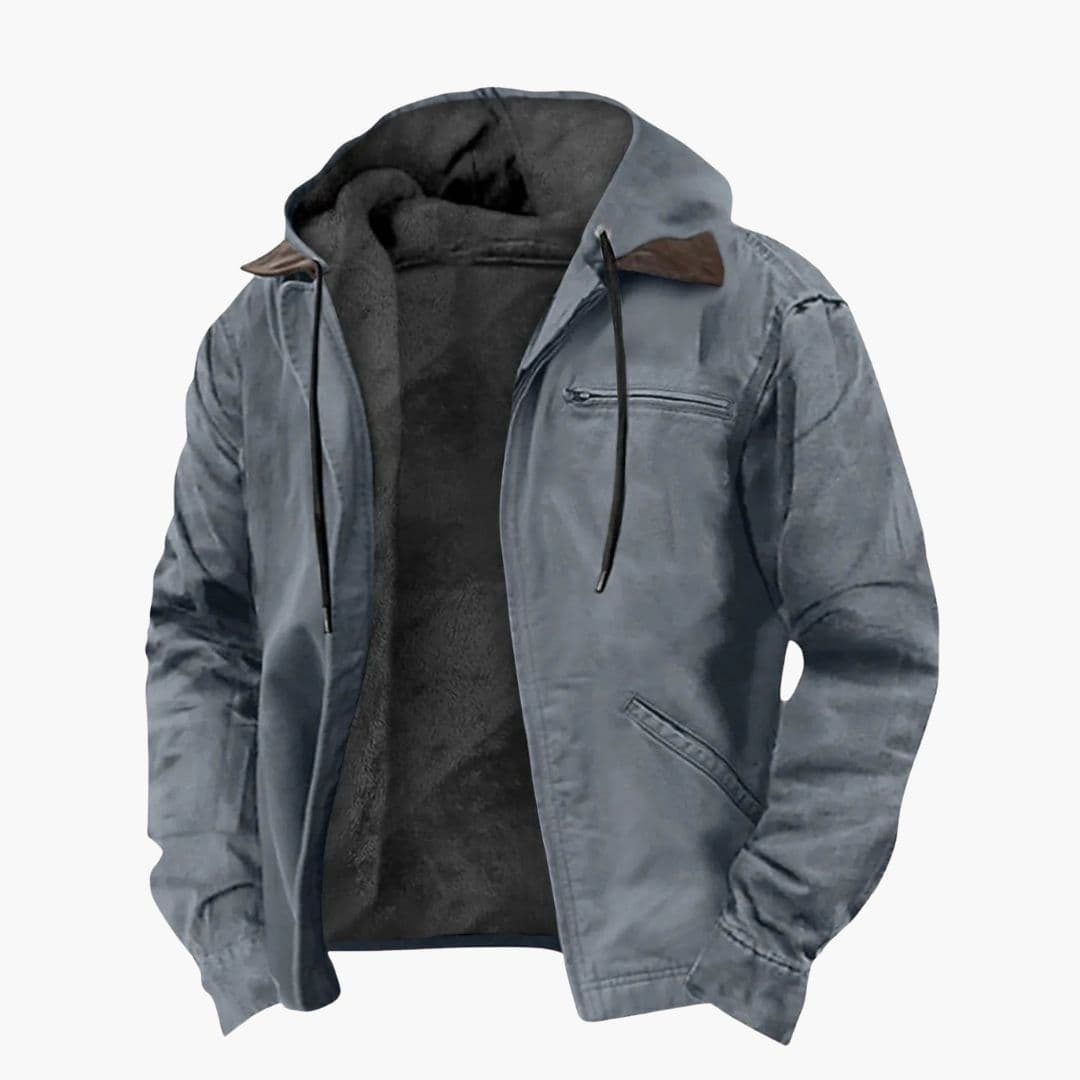 Men's hooded outdoor jacket with zip closure, multiple pockets, and adjustable drawstring hood
