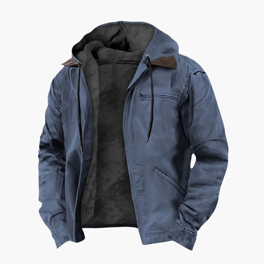 Men's hooded outdoor jacket with zip closure, multiple pockets, and adjustable drawstring hood