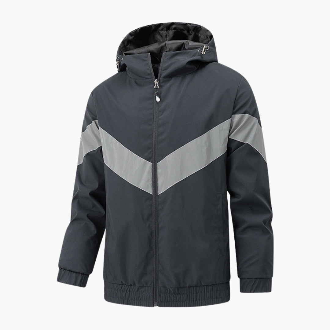 Men's hooded zip jacket gray contrasting panels adjustable drawstring slim casual fit