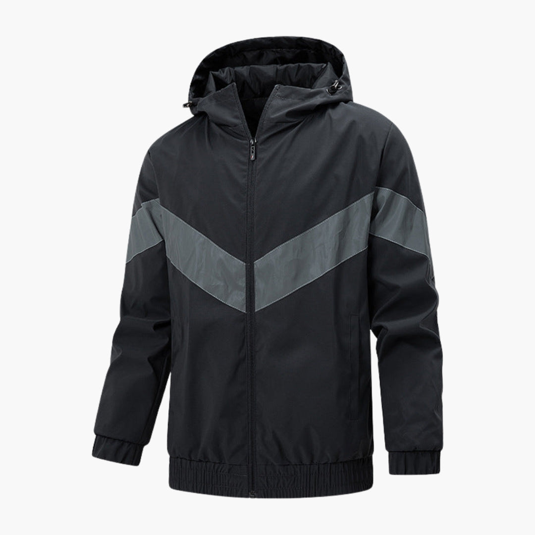 Men's hooded zip jacket black contrasting panels adjustable drawstring slim casual fit side pockets