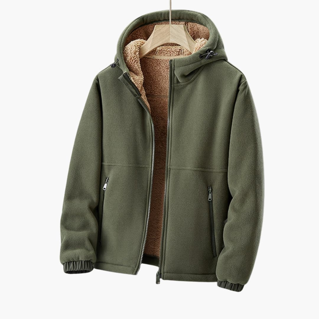 Men's sherpa lined zip-up hoodie jacket with adjustable hood pockets for cold weather warmth