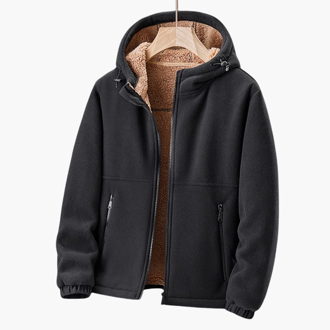 Men's sherpa lined zip-up hoodie jacket with full front zipper and adjustable drawstring hood