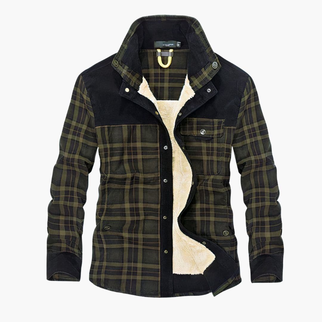 Men's brown plaid button-up jacket with chest pocket, classic smart-casual everyday style