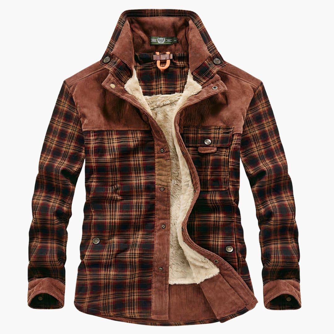 Men's checkered plaid jacket with full button closure and chest pocket, classic smart-casual style