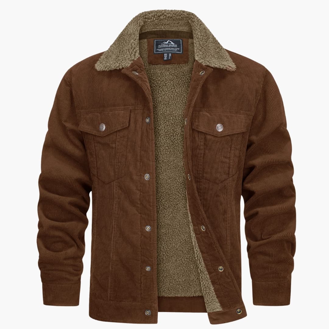 Men's brown ribbed texture jacket with faux fur collar and metal button front closure