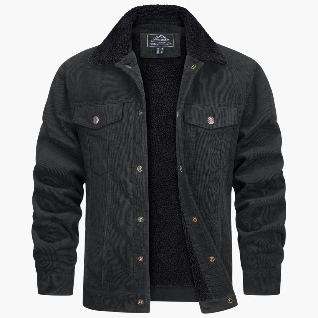 Men's dark faux fur collar jacket ribbed texture slim fit with metal button front closure