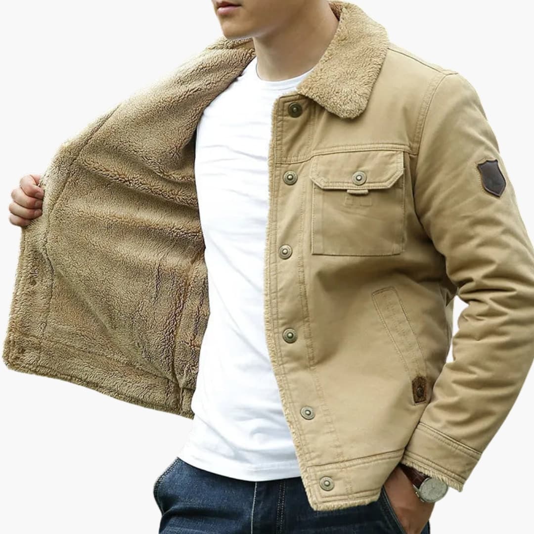 Men's premium faux fur collar jacket black button closure fully lined with functional pockets