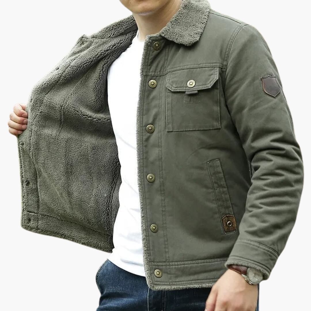 Men's premium faux fur collar jacket black button closure fully lined versatile silhouette