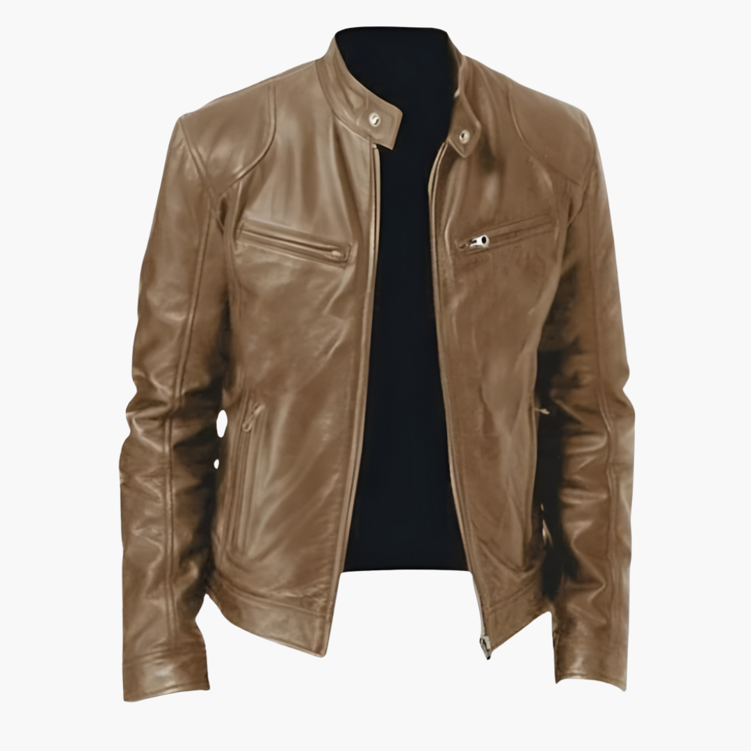 Men's stand-up collar jacket with zippered chest pockets, sleek urban silhouette for everyday wear